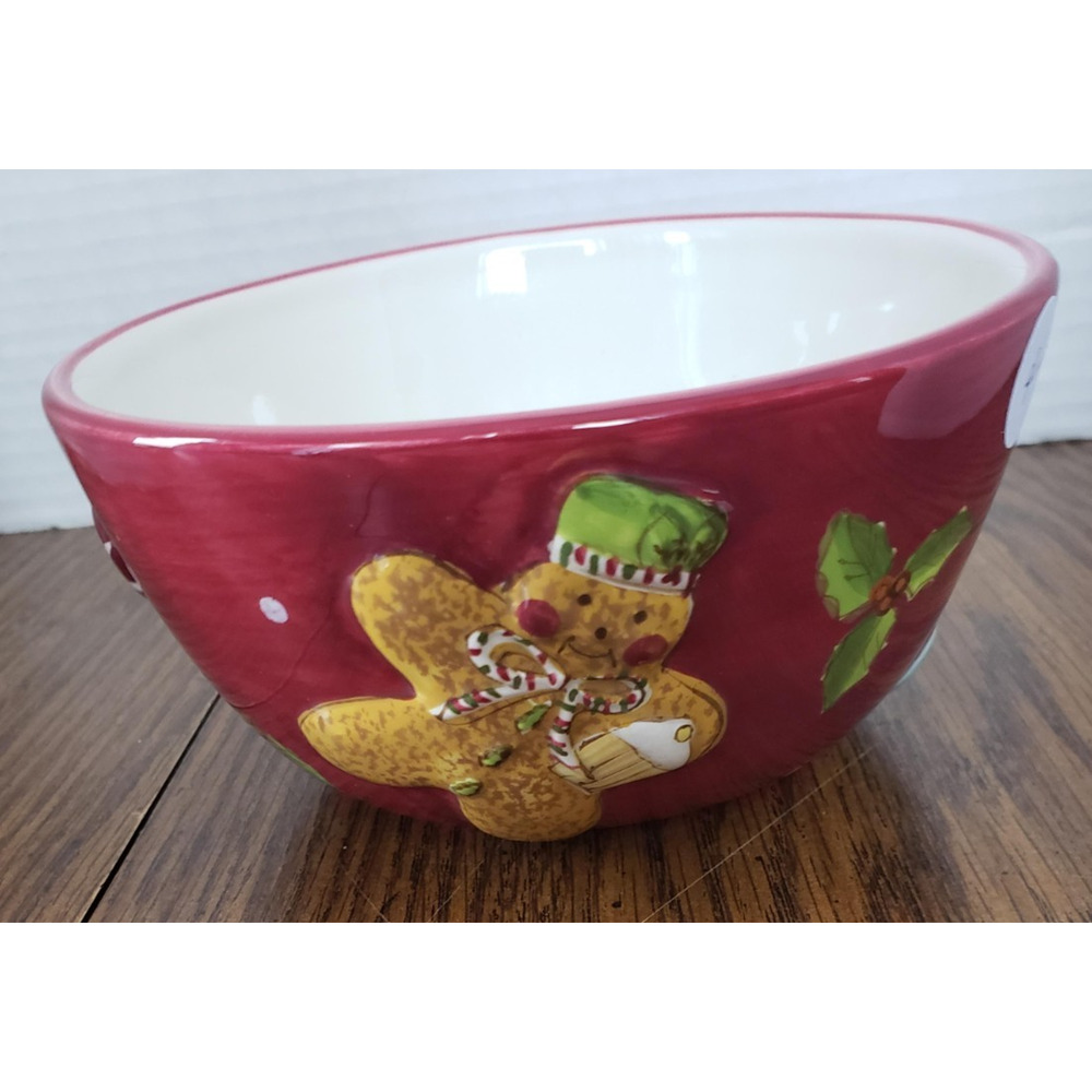 Holiday Treats by Laurie Gates 6 Inch Red Serving Bowl With Gingerbread Man